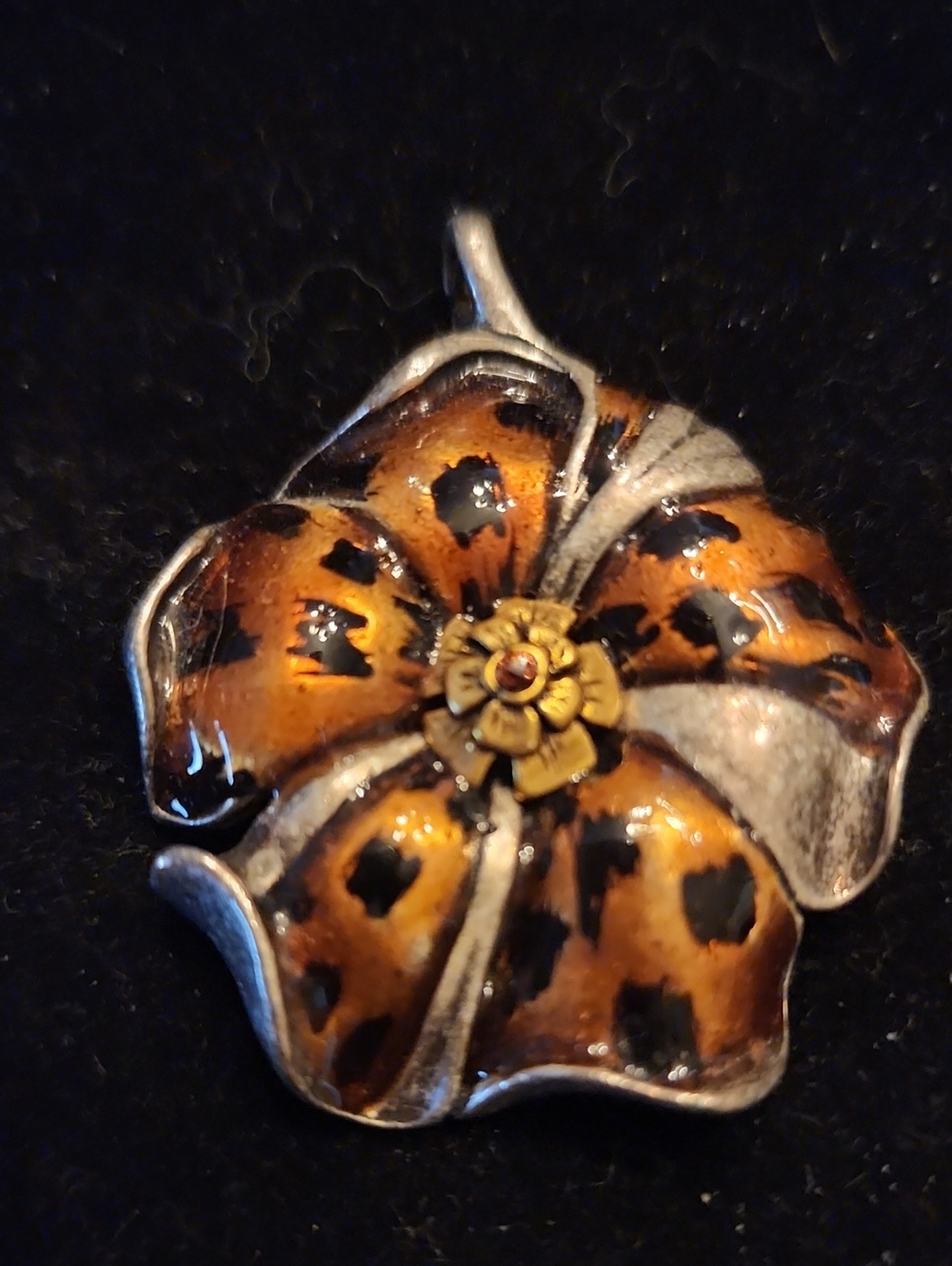 Vintage-Inspired Orange and Black Enamel Flower Pendant Necklace